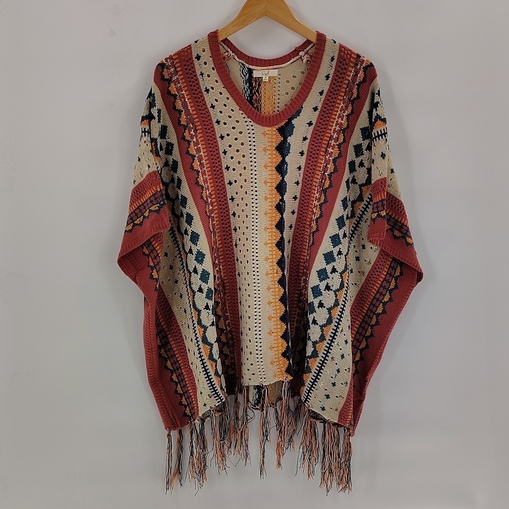 Easel Boho Fringe Poncho Sweater size medium dusty rose v neckline easel